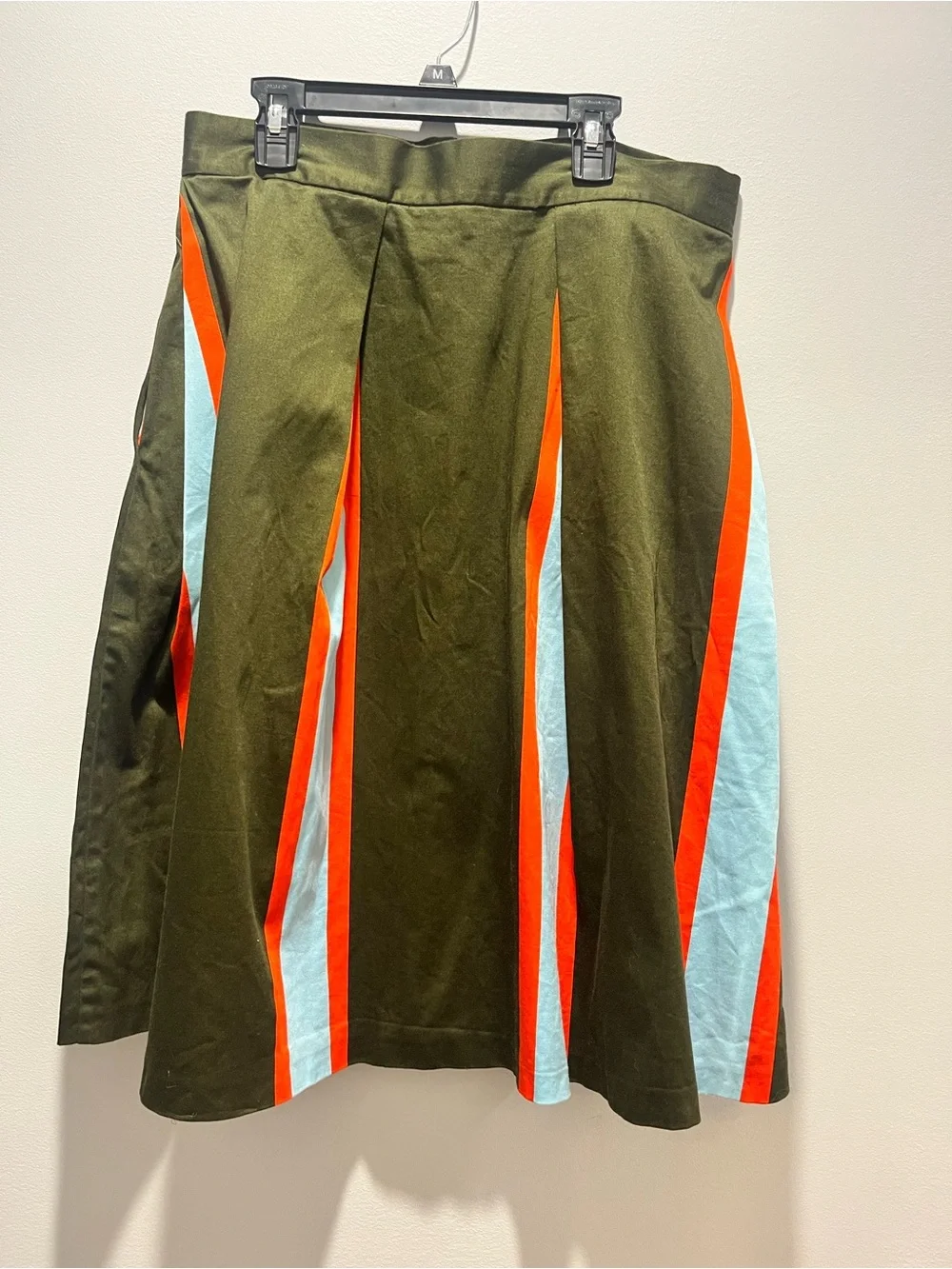 Closet London Striped Box Pleat Bell Midi Skirt Olive Green Orange Mod Size 10